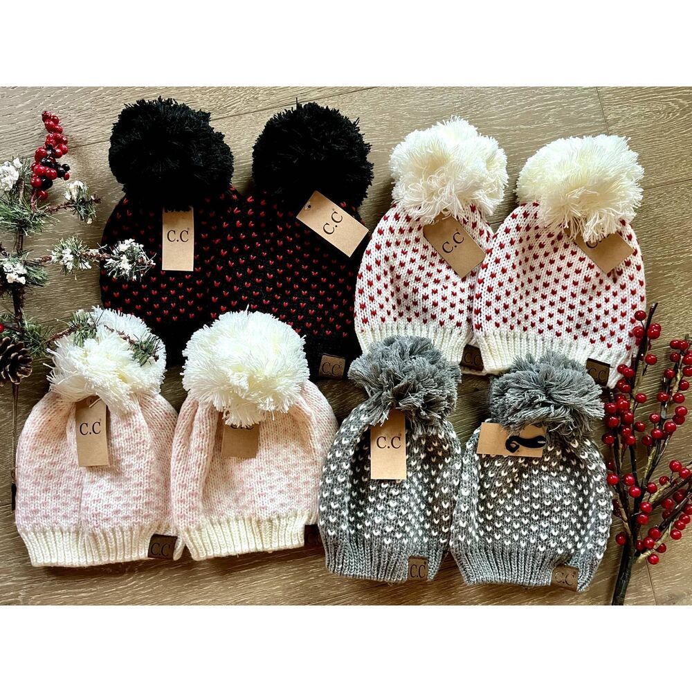 NEW CC Exclusive Womens Pom Knit Hearts Beanie - 4 Cute Styles!